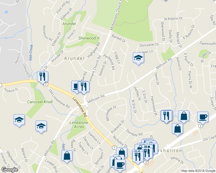 map of restaurants, bars, coffee shops, grocery stores, and more near 1243 Ipswich Drive in Wilmington