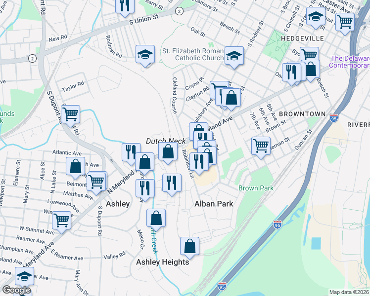 map of restaurants, bars, coffee shops, grocery stores, and more near 308 Robinson Lane in Wilmington