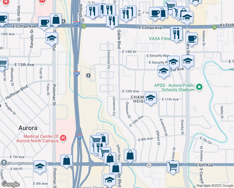 map of restaurants, bars, coffee shops, grocery stores, and more near 14470 East 13th Avenue in Aurora