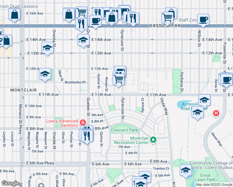 map of restaurants, bars, coffee shops, grocery stores, and more near in Denver
