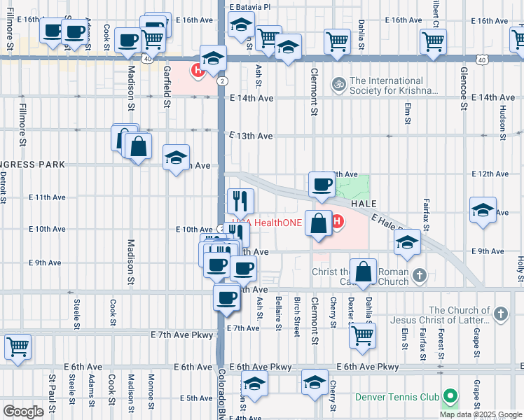 map of restaurants, bars, coffee shops, grocery stores, and more near 1170 Ash Street in Denver