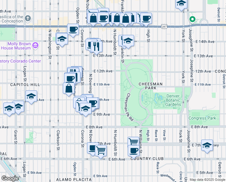 map of restaurants, bars, coffee shops, grocery stores, and more near 1061 Humboldt Street in Denver