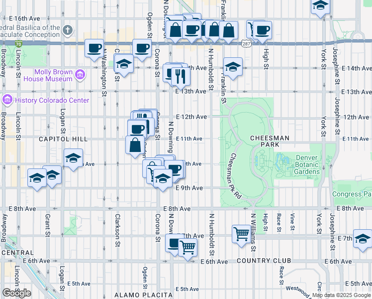 map of restaurants, bars, coffee shops, grocery stores, and more near 1316 East 11th Avenue in Denver