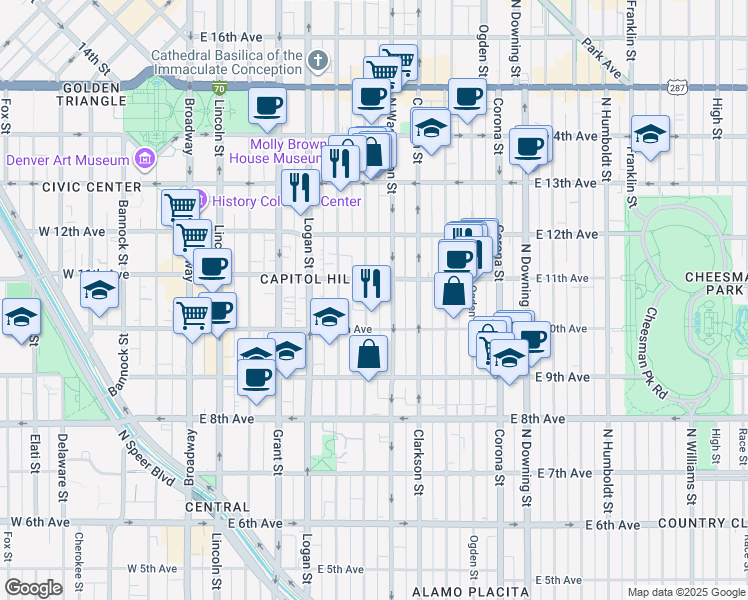 map of restaurants, bars, coffee shops, grocery stores, and more near 1075 North Washington Street in Denver