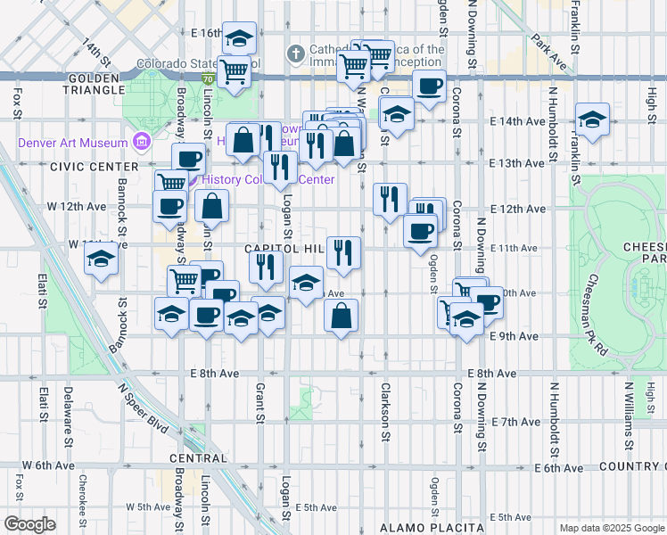 map of restaurants, bars, coffee shops, grocery stores, and more near in Denver