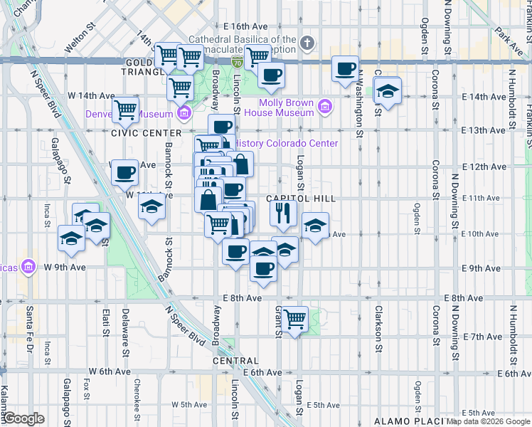 map of restaurants, bars, coffee shops, grocery stores, and more near 1075 Sherman Street in Denver