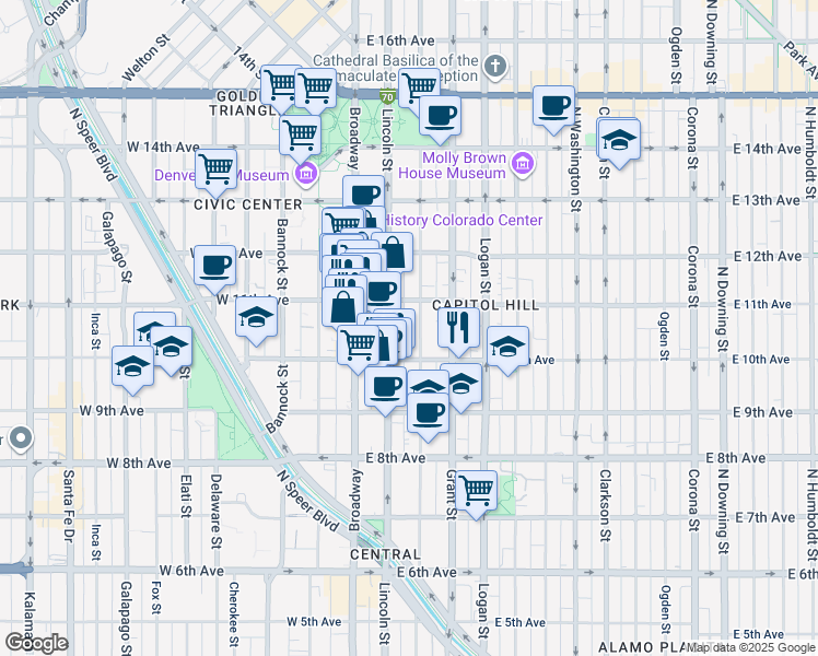 map of restaurants, bars, coffee shops, grocery stores, and more near 1075 Sherman Street in Denver