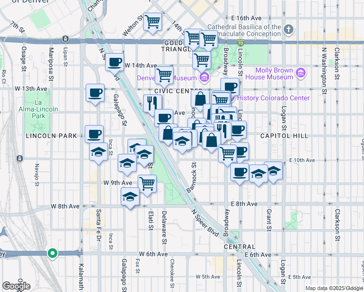 map of restaurants, bars, coffee shops, grocery stores, and more near in Denver
