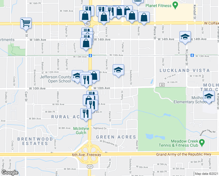 map of restaurants, bars, coffee shops, grocery stores, and more near 1020 Upham Street in Denver