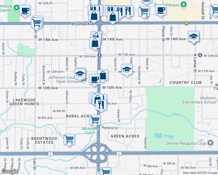 map of restaurants, bars, coffee shops, grocery stores, and more near 1081 Vance Street in Lakewood