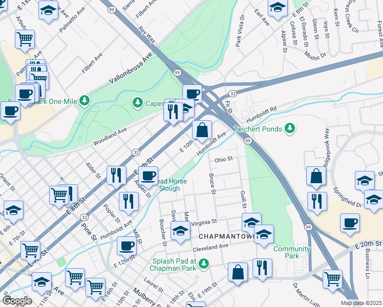 map of restaurants, bars, coffee shops, grocery stores, and more near 1295 East 10th Street in Chico