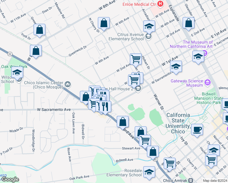 map of restaurants, bars, coffee shops, grocery stores, and more near 806 West 1st Avenue in Chico