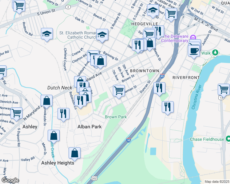 map of restaurants, bars, coffee shops, grocery stores, and more near 200 8th Avenue in Wilmington