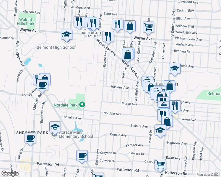 map of restaurants, bars, coffee shops, grocery stores, and more near 2420 Revere Avenue in Dayton