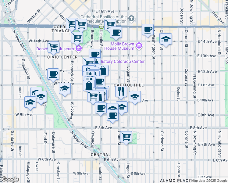 map of restaurants, bars, coffee shops, grocery stores, and more near 1075 Sherman Street in Denver