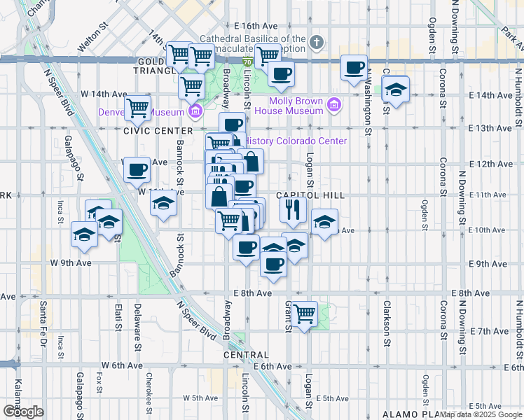 map of restaurants, bars, coffee shops, grocery stores, and more near 1075 Sherman Street in Denver
