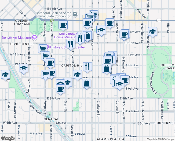 map of restaurants, bars, coffee shops, grocery stores, and more near 1075 North Washington Street in Denver