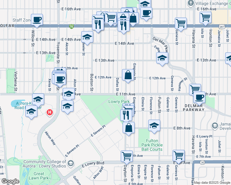 map of restaurants, bars, coffee shops, grocery stores, and more near 1101 Dallas Street in Aurora