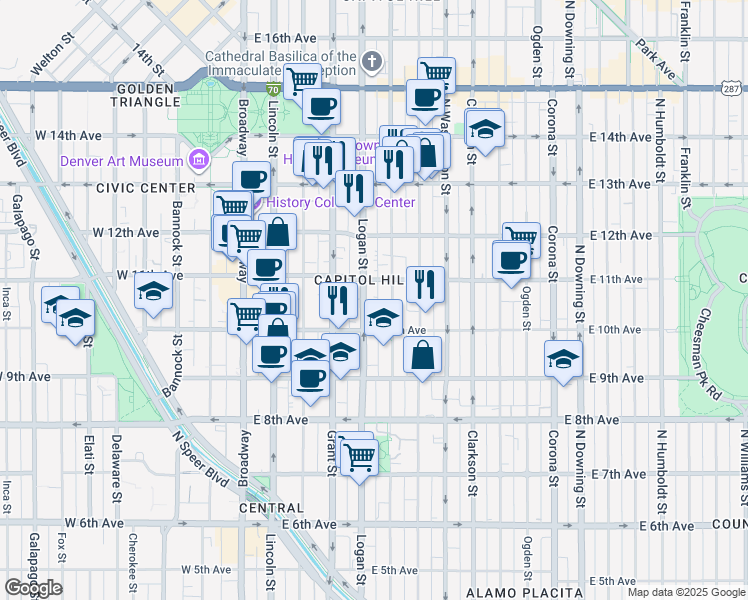 map of restaurants, bars, coffee shops, grocery stores, and more near in Denver