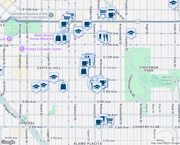 map of restaurants, bars, coffee shops, grocery stores, and more near 1075 Corona Street in Denver