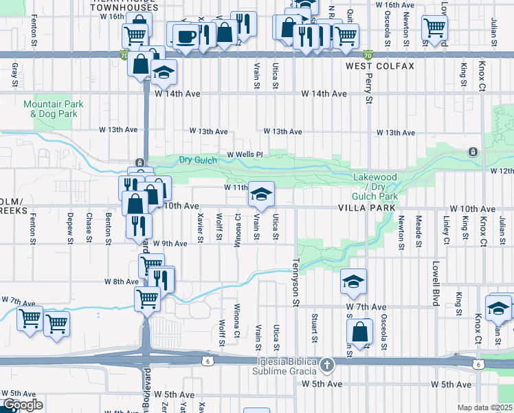 map of restaurants, bars, coffee shops, grocery stores, and more near Vrain Street in Denver