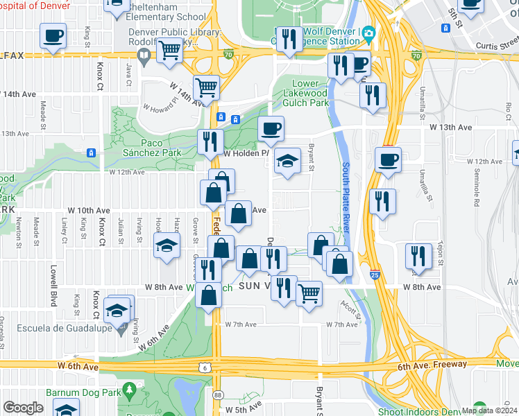 map of restaurants, bars, coffee shops, grocery stores, and more near 2837 West 10th Avenue in Denver