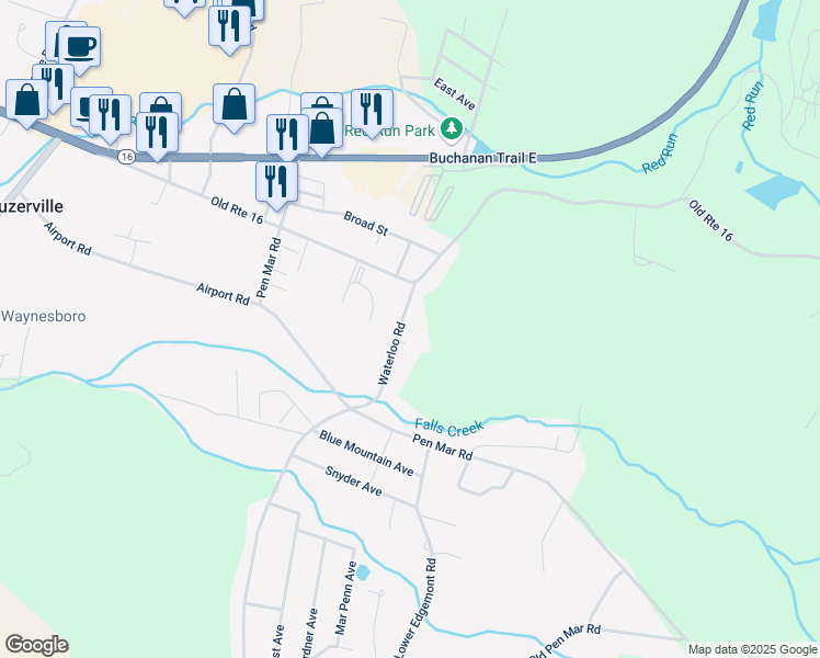 map of restaurants, bars, coffee shops, grocery stores, and more near 13366 Waterloo Road in Waynesboro