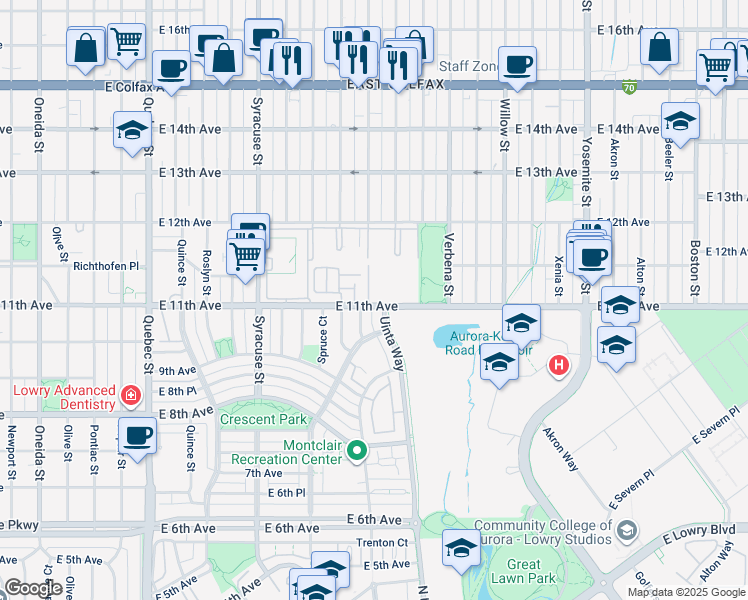 map of restaurants, bars, coffee shops, grocery stores, and more near 8105 East 11th Avenue in Denver