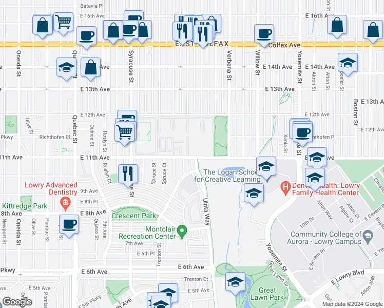 map of restaurants, bars, coffee shops, grocery stores, and more near 8105 East 11th Avenue in Denver