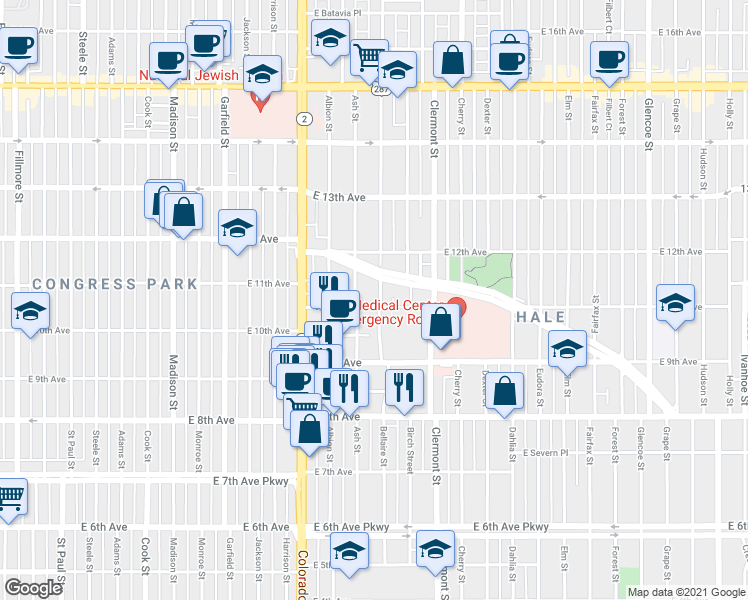 map of restaurants, bars, coffee shops, grocery stores, and more near 1055 Clermont Street in Denver
