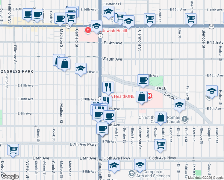 map of restaurants, bars, coffee shops, grocery stores, and more near 1170 Ash Street in Denver