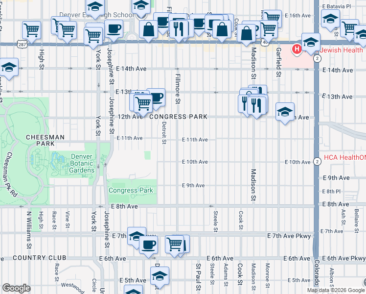 map of restaurants, bars, coffee shops, grocery stores, and more near in Denver