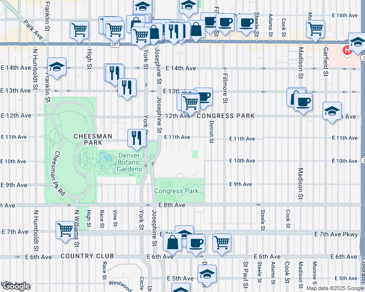 map of restaurants, bars, coffee shops, grocery stores, and more near 2538 East 11th Avenue in Denver