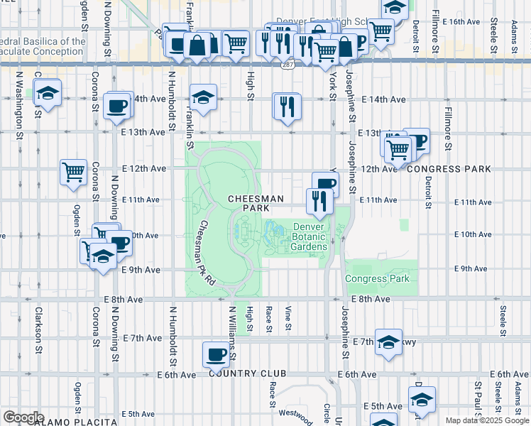 map of restaurants, bars, coffee shops, grocery stores, and more near in Denver