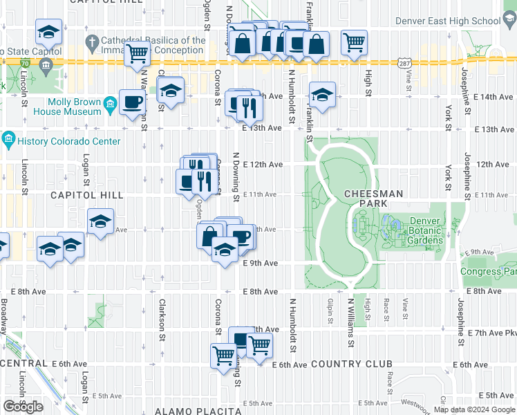 map of restaurants, bars, coffee shops, grocery stores, and more near 1316 East 11th Avenue in Denver
