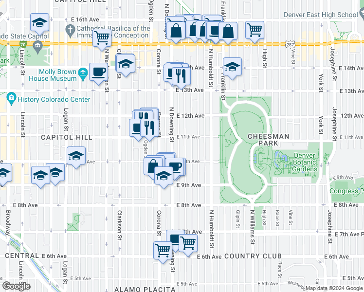 map of restaurants, bars, coffee shops, grocery stores, and more near 1316 East 11th Avenue in Denver