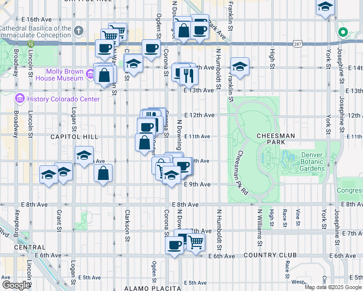 map of restaurants, bars, coffee shops, grocery stores, and more near 1081 North Downing Street in Denver