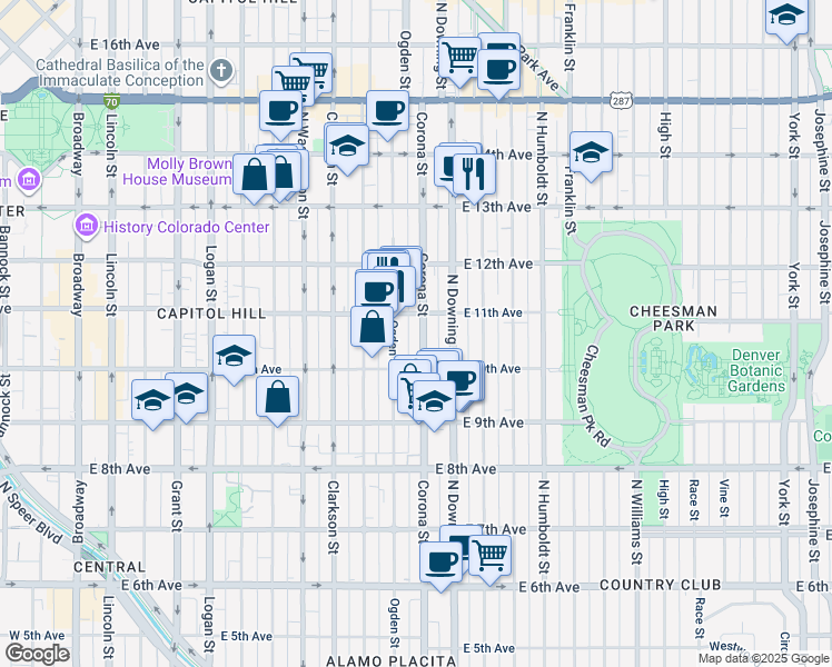 map of restaurants, bars, coffee shops, grocery stores, and more near in Denver