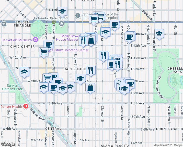 map of restaurants, bars, coffee shops, grocery stores, and more near 1075 North Washington Street in Denver