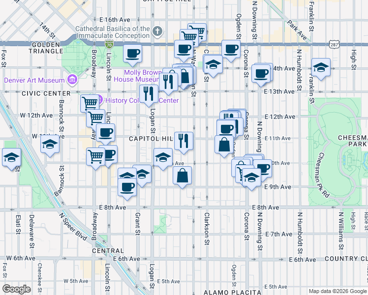 map of restaurants, bars, coffee shops, grocery stores, and more near 1075 North Washington Street in Denver