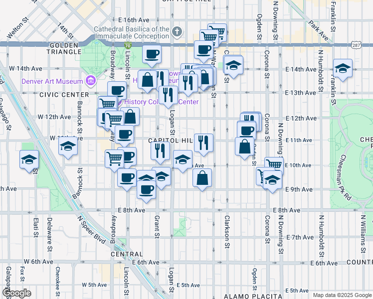 map of restaurants, bars, coffee shops, grocery stores, and more near in Denver