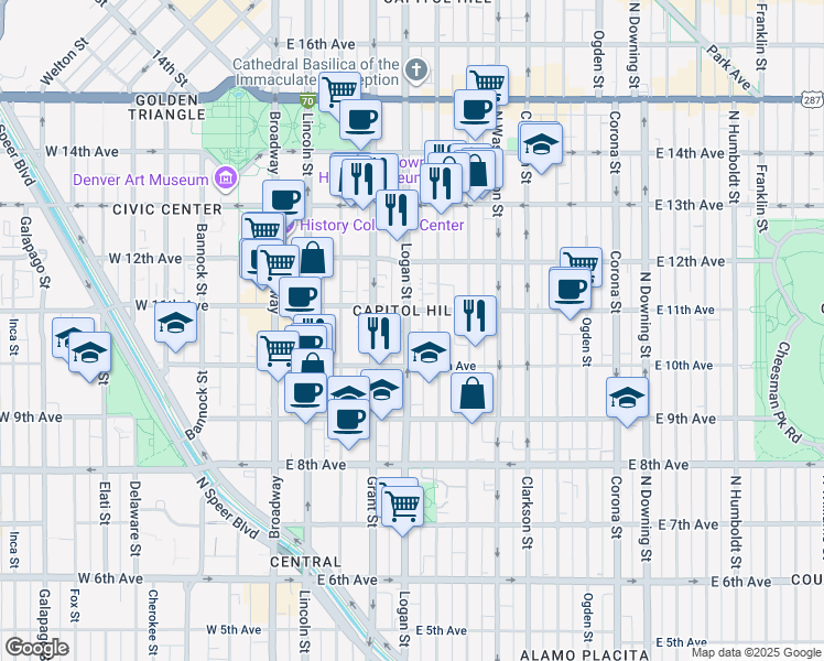 map of restaurants, bars, coffee shops, grocery stores, and more near in Denver