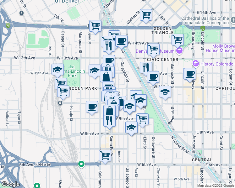 map of restaurants, bars, coffee shops, grocery stores, and more near 1082 Santa Fe Drive in Denver