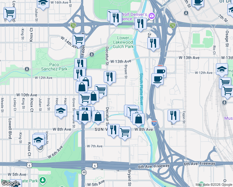 map of restaurants, bars, coffee shops, grocery stores, and more near 2776 West 11th Avenue in Denver