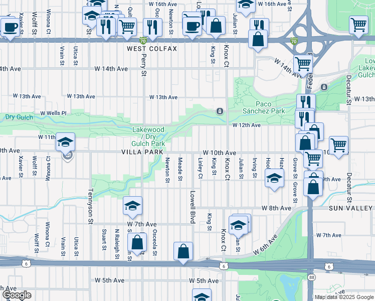 map of restaurants, bars, coffee shops, grocery stores, and more near 1035 Meade Street in Denver