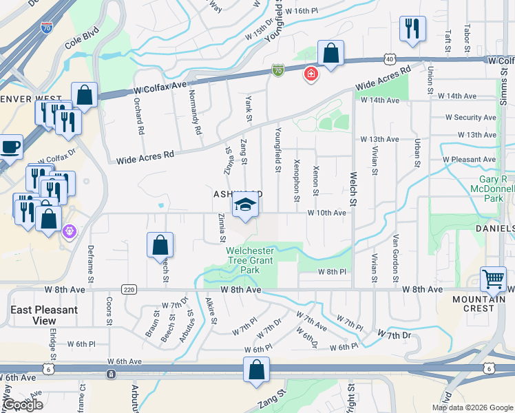 map of restaurants, bars, coffee shops, grocery stores, and more near 1010 Zang Street in Golden