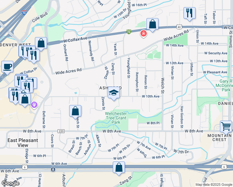map of restaurants, bars, coffee shops, grocery stores, and more near 1010 Zang Street in Golden