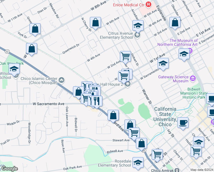 map of restaurants, bars, coffee shops, grocery stores, and more near 806 West 1st Avenue in Chico