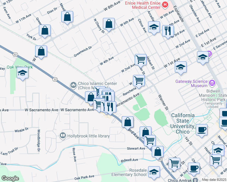 map of restaurants, bars, coffee shops, grocery stores, and more near 806 West 1st Avenue in Chico