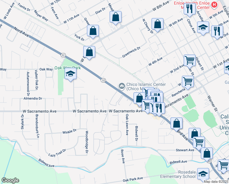 map of restaurants, bars, coffee shops, grocery stores, and more near 1521 Nord Avenue in Chico